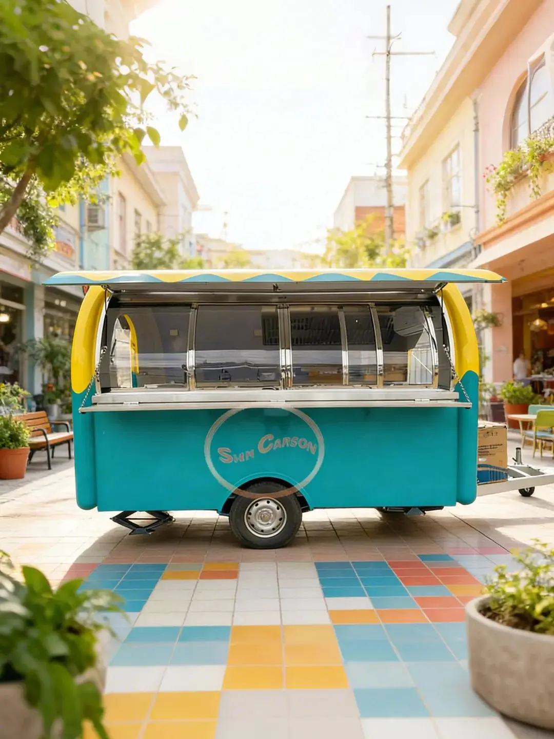 

Yellow And Turquoise Contrasting Color Scheme Cute round Body with Expandable Serving Window for [Category]