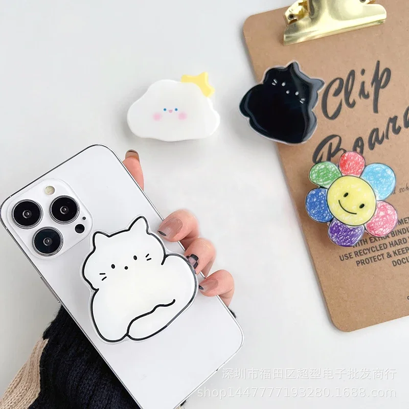 Phone Holder Cute Phone Grip Flower Cat Dog French Fries Hamburger Griptok Clear Acrylic Epoxy Phone Socket Pocket Bracket Stand