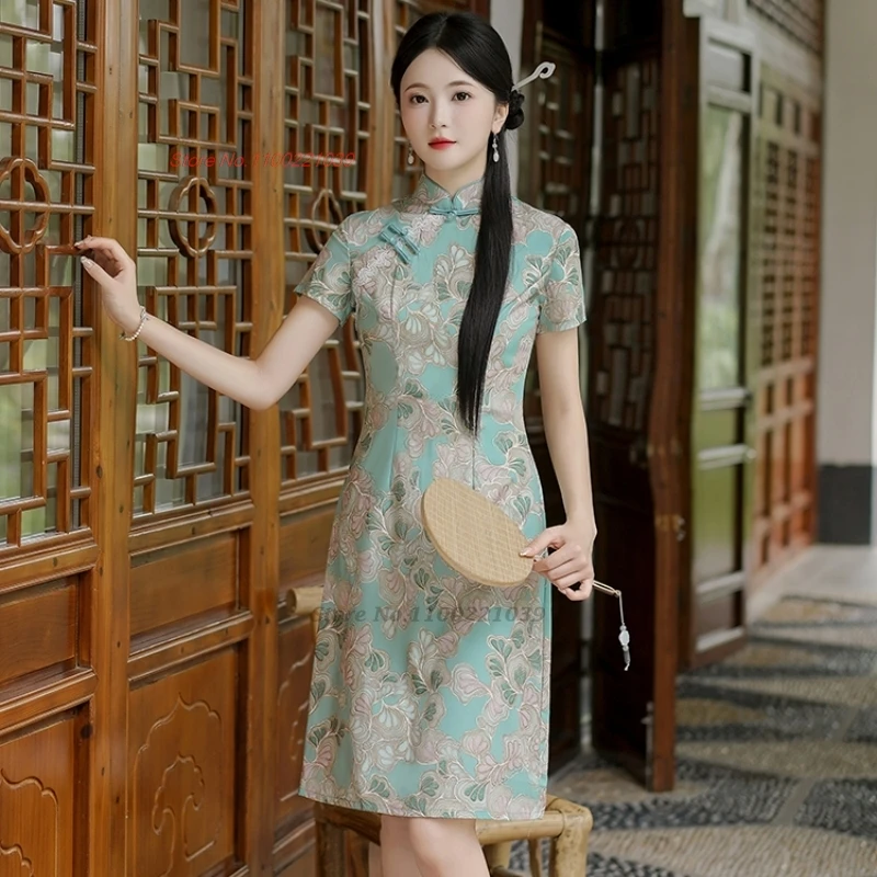 2024 chinese vintage dress national flower print sweet cheongsam improved qipao fairy dress oriental banquet evening qipao dress