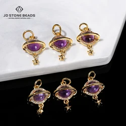 1 Pc Natural Amethyst Inlaid Planet Shape Copper Buckle Pendant Healing Charm For Jewelry Making Diy Necklace Bracelet Accessory