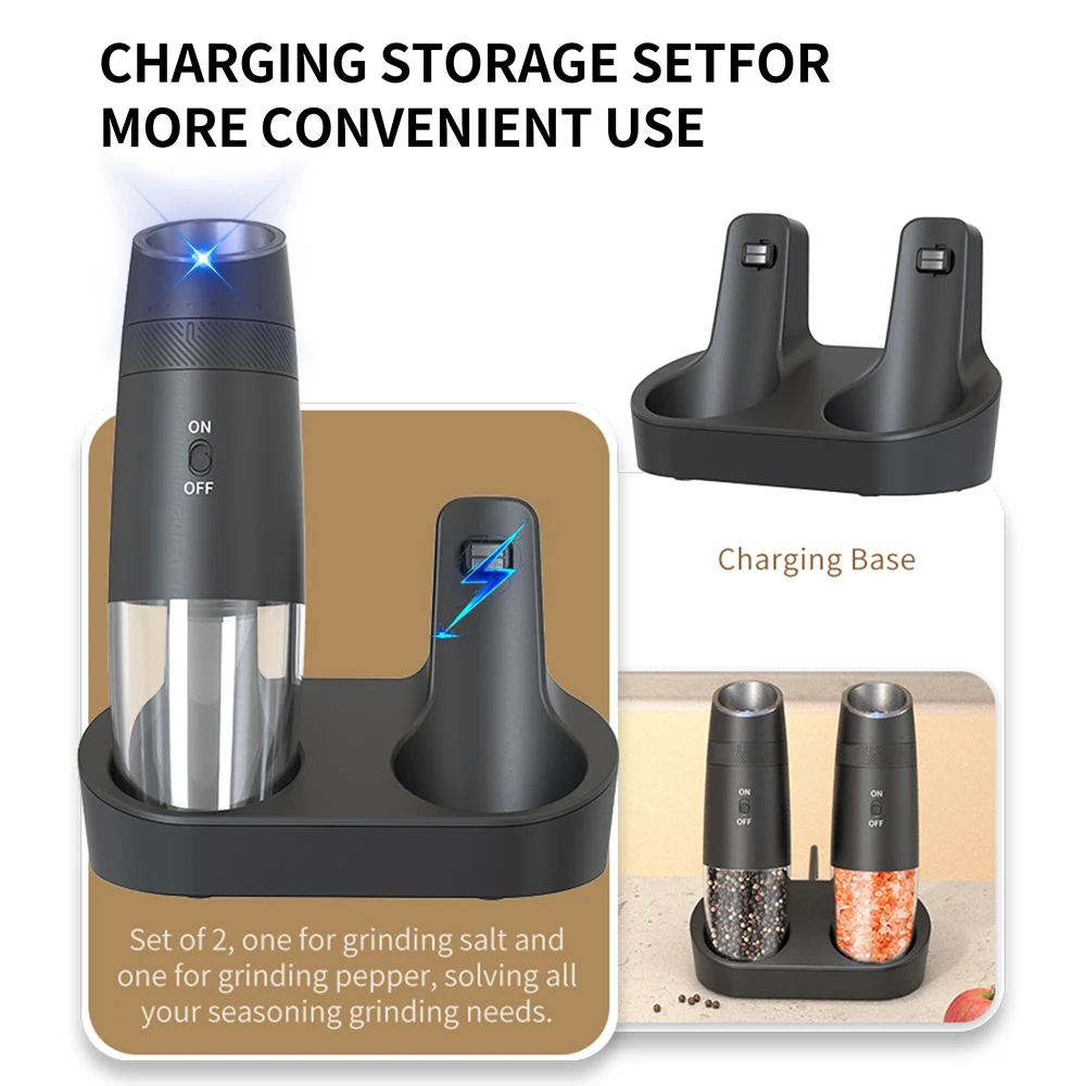 Gravity Sensor Electric Pepper Grinder USB Rechargeable Automatic Salt and Mill with LED Light Adjustable Coarseness for Kitchen