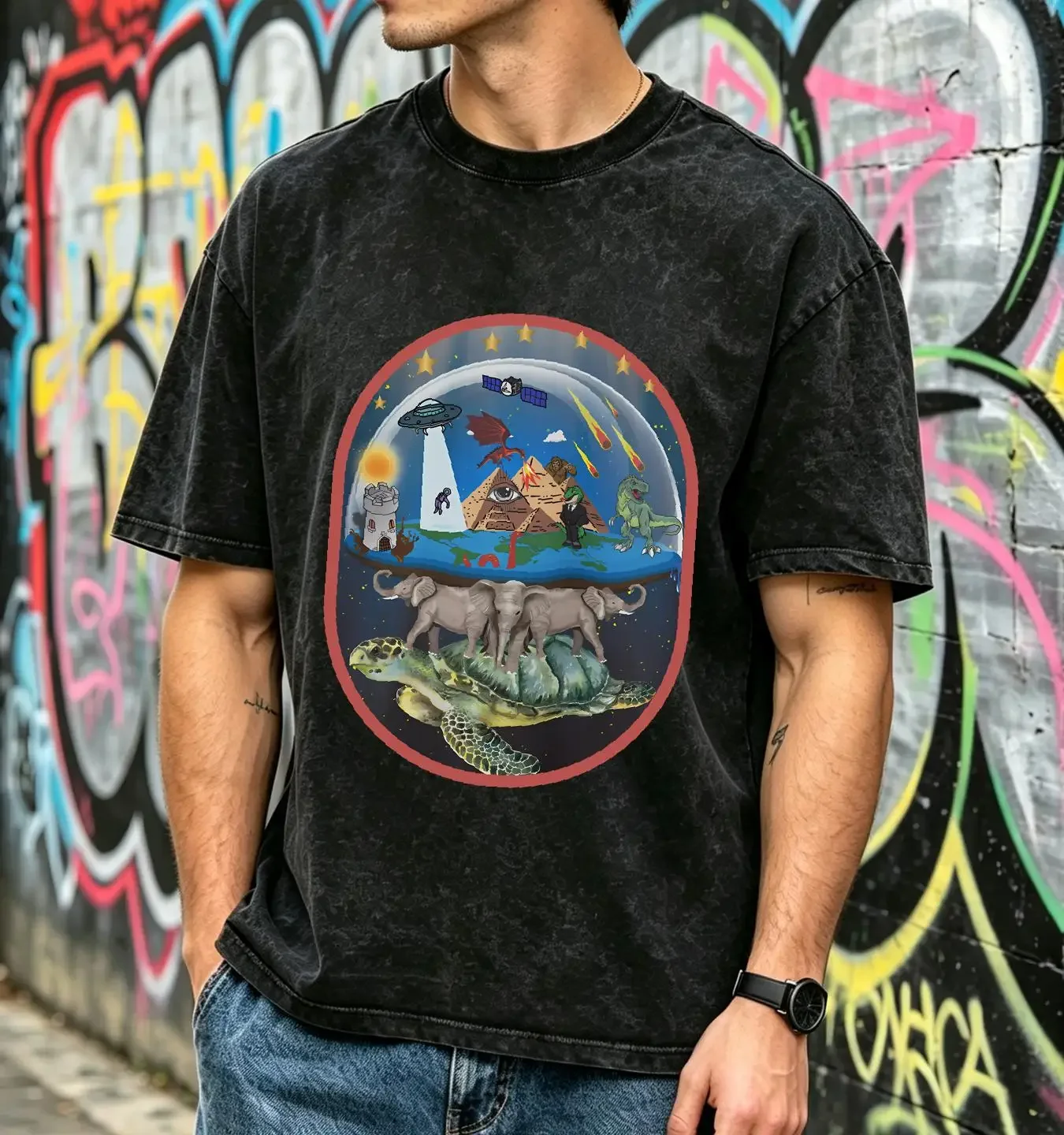 washed T Shirt Flat Earth Elephant World Turtle Aliens UFO Illuminati Tartaria GIFT TEE vintage Washed Comfortable Breathable