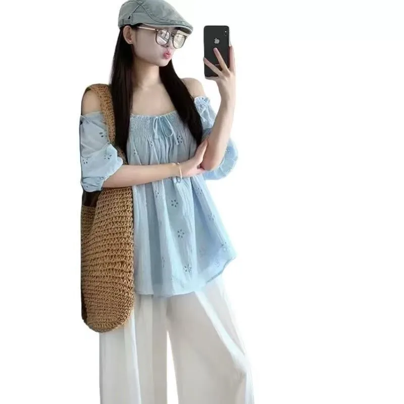 Creative Pregnant Women's Clothing Set Summer Dress 2025 New Maternity Short Sleeve Lace Embroidered Pants 2-piece Set LI200 - view 5