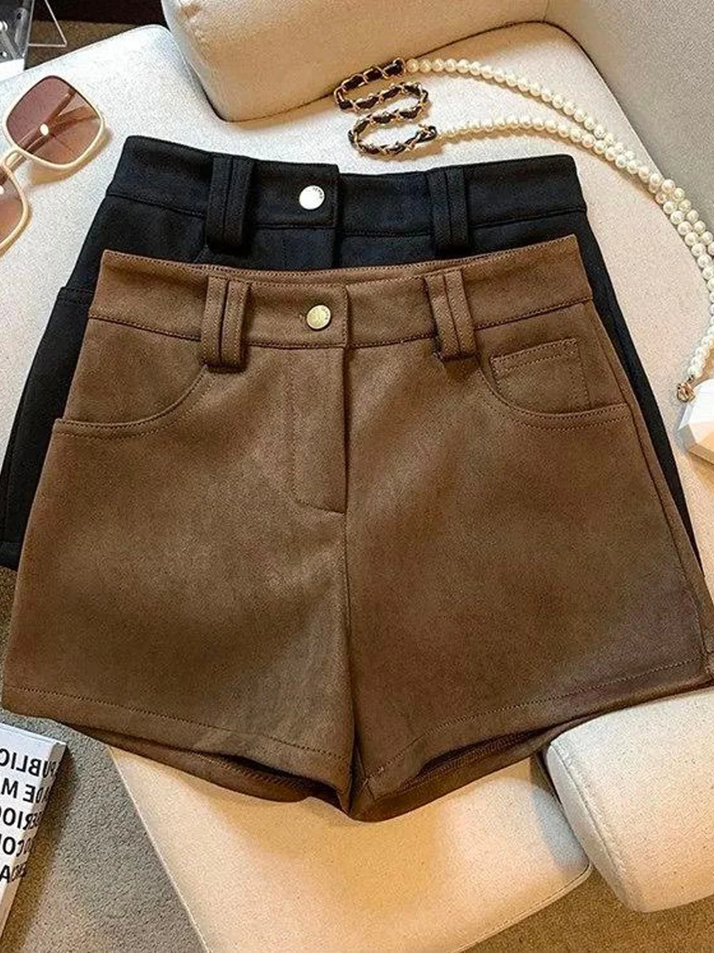 Retro Coffee Suede Short Pants Women's High Waist Straight Casual Slim A-Line Wide Leg Boot Pants Autumn Winter New Style