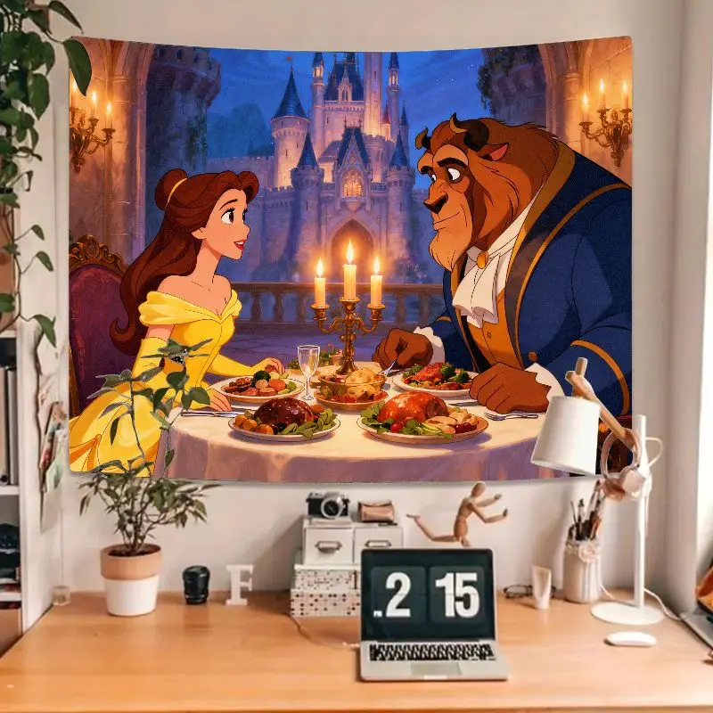 1PC Disney Beauty & The Beast Tapestry, Princess Belle Beast Dinner Wall Art, Fairytale Castle Decor, Aesthetic Bedroom Living R - Image 4