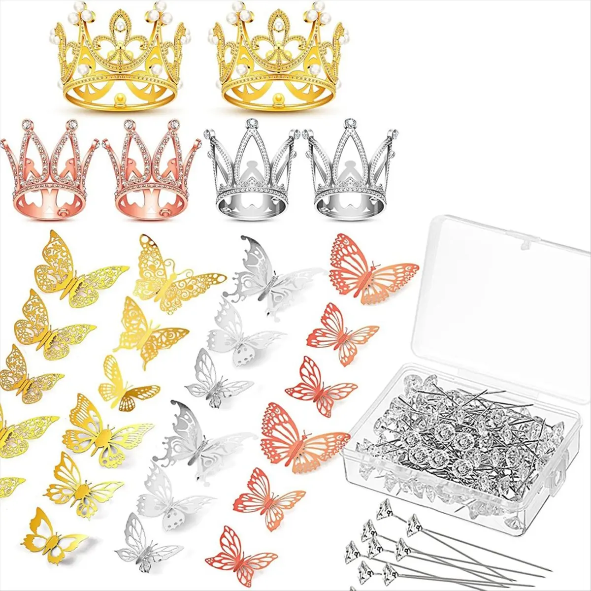 Budget-Friendly 166 Pcs Crown Decor for Flower Bouquet with 6 Crown Cake Topper 100 Corsage Pins 60 Butterflies Multicolor