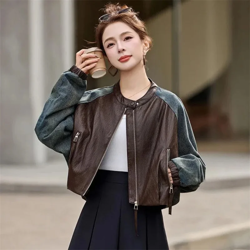 PU Leather Coat Cowboy Color Blocked Leather Jacket Women 2026 Spring Autumn New Fashion Versatile Jacket Top Short Jeans Coat