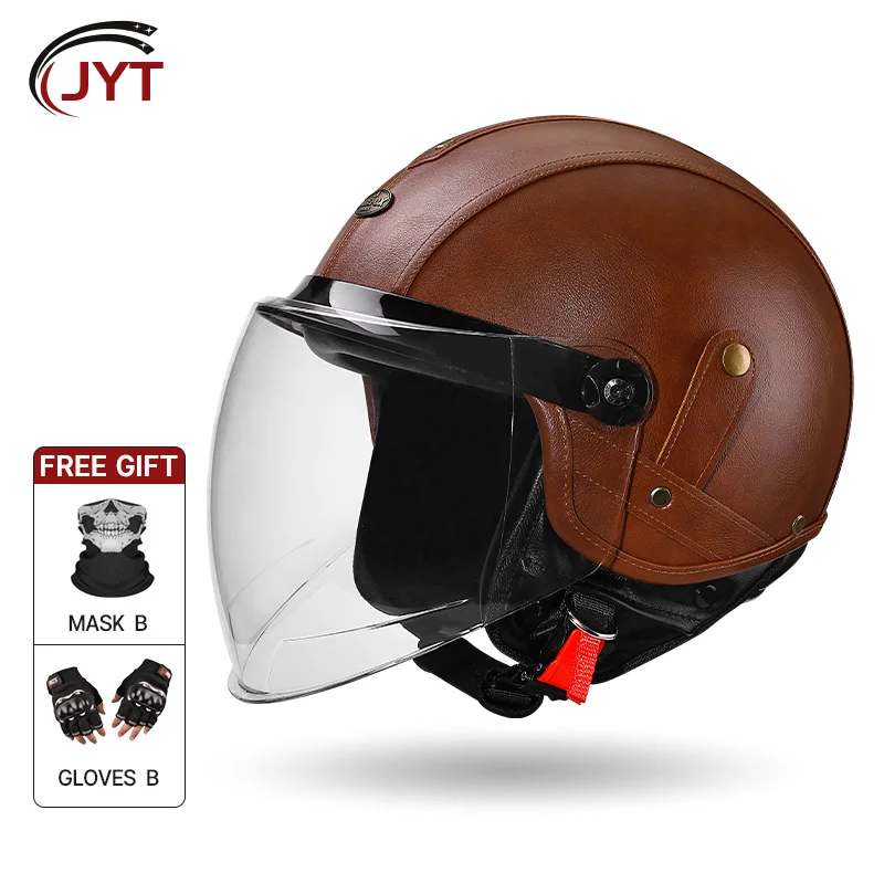 

Distinctive Vintage Style 3/4 Open Face Motorcycle Helmet with Brown Leather Accents and Goggles DOT Approved for Retro Riders