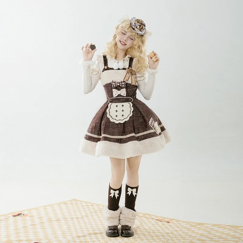 Cat Cookie Lolita JSK Dress Women Adjustable Shoulder Strap Dress Cute Dress Leg Cover Bow Apron Set