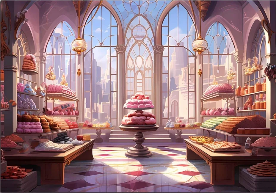 

Фон для фотосессии на тему дня рождения: кондитерская, пекарня, магазин сладостей, десертный бар, стеллажи, баннер для студии