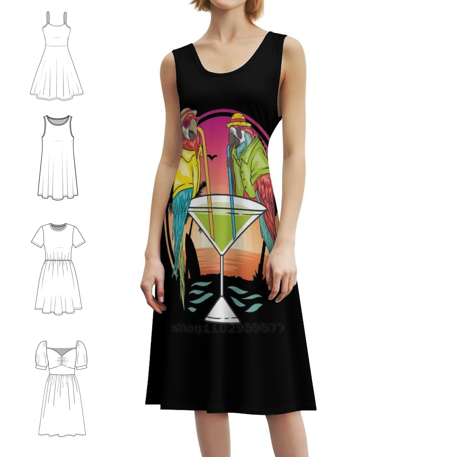 الببغاوات شرب مارغريتا في عطلة الصيف الطيور متعة الأزهار سموك فستان للنساء الربيع الصيف فستان كاجوال للحزب