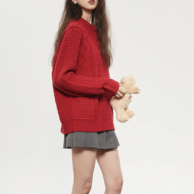 Vintaeg Christmas Sweaters Cable Knit Red Sweater 2024 Autumn Winter Warm Casual Loose O-neck Pullovers All-match Sweet Jumpers