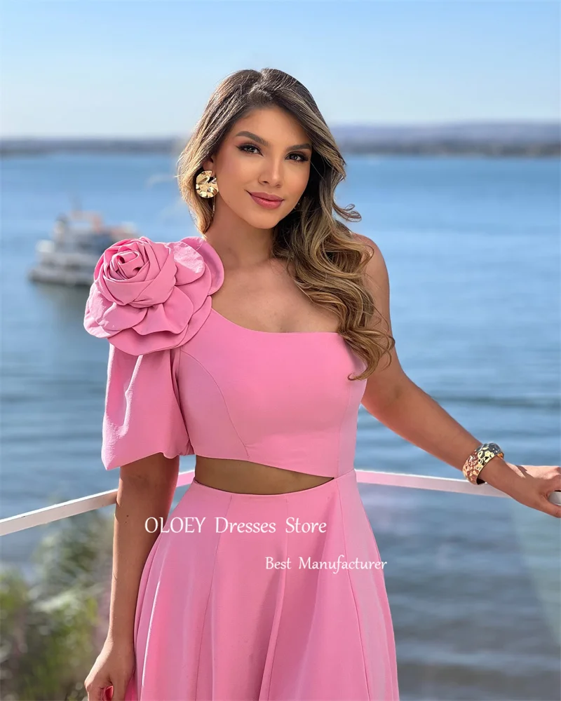 OLOEY-Vestidos de Noche rosas elegantes para mujer, vestido árabe de un hombro, flores, cintura recortada, largo hasta el tobillo, vestidos de fiesta formales