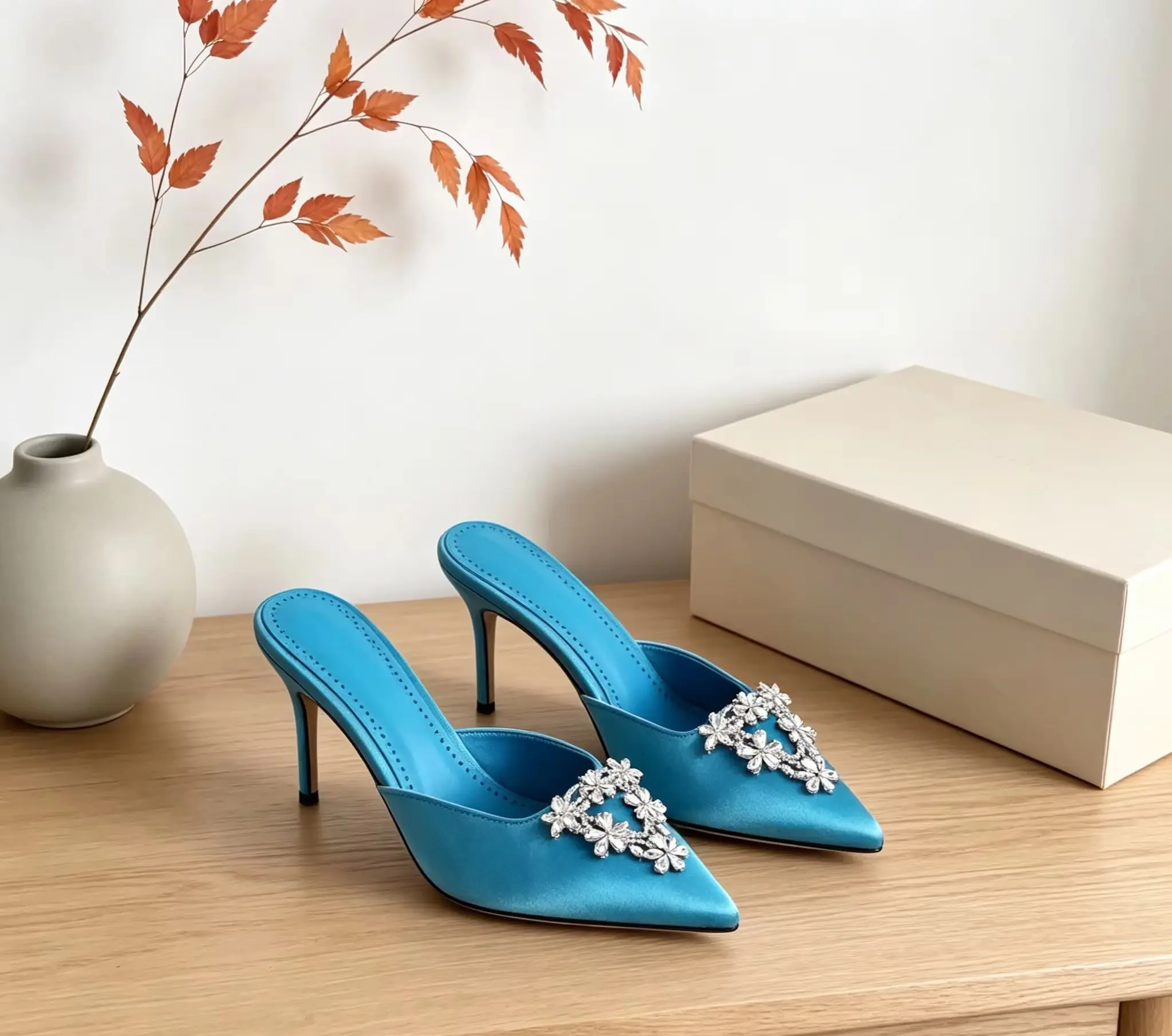 Blue Satin Crystal Flower Women Stiletto High Heel Pumps Mules Pointed Toe Backless Slides Sandals Wedding Daily Slippers Shoes