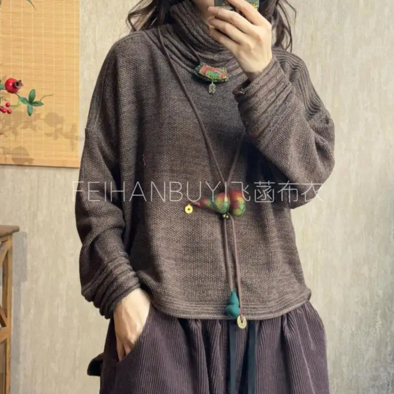 

New Autumn Winter Arts Style Women Long Sleeves Turtleneck Loose Pullover All-matched Casual Cotton Knit Sweater High Quality