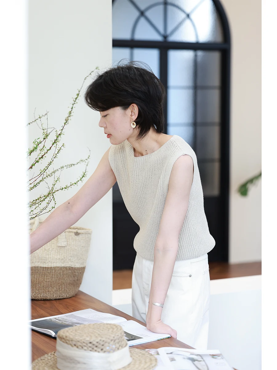 

Удобный дышащий льняной хлопковый вязаный свитер-жилет для женщин, повседневный, в полоску, универсальный летний топ