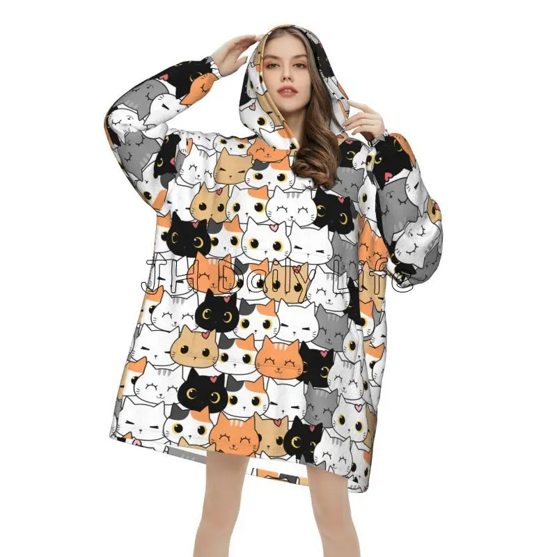 Cute Cat with Scarf Wearable Hoodie Blanket Women Oversized Soft Flannel Sweatshirt Warm Cozy Fleece Sherpa Blanket with Pockets