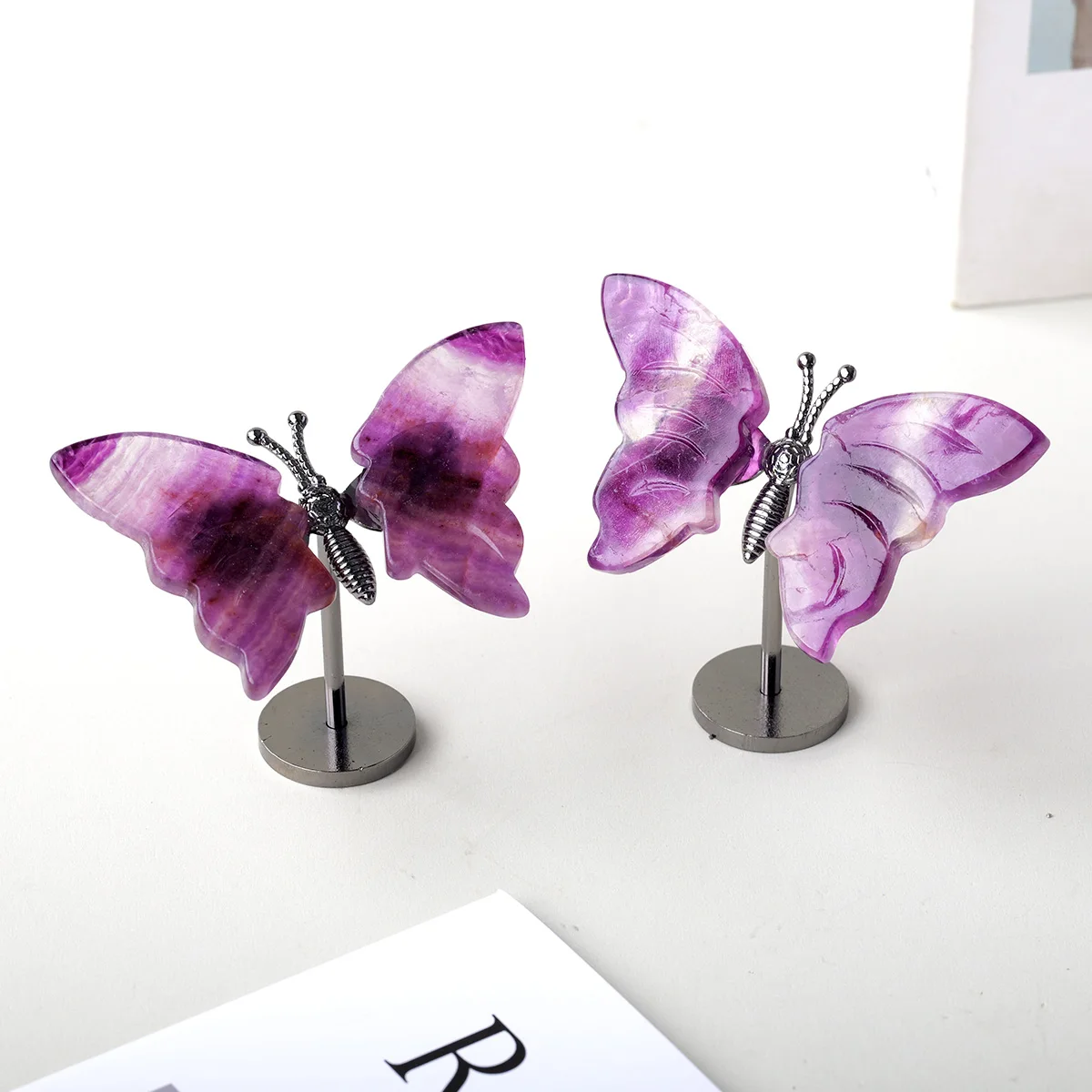 1PC Natural Fluorite Butterfly Ornament Alloy Base Crystal Craft Desk Decor Spring Holiday Gift