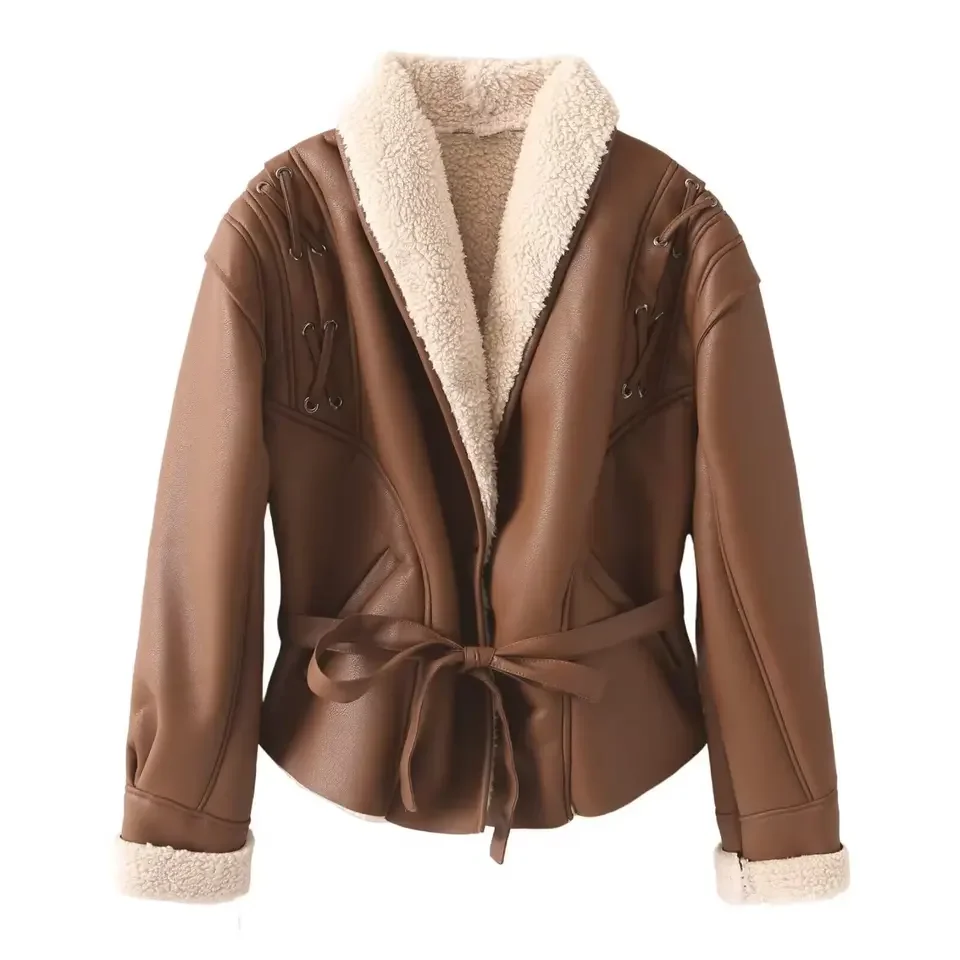 Autumn Winter New Leather Fur Integrated Women Coat Street Fashion Waist Tying Design Light Brown Dark Brown Two Color Options