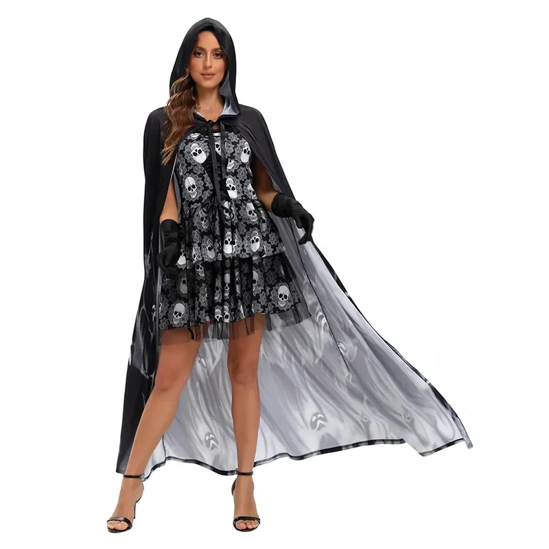 

Костюм ведьмы на Хэллоуин, женский взрослый ужас, вампир, смерть, призрак, ролевой плащ, карнавальная вечеринка, нарядное платье kn.7