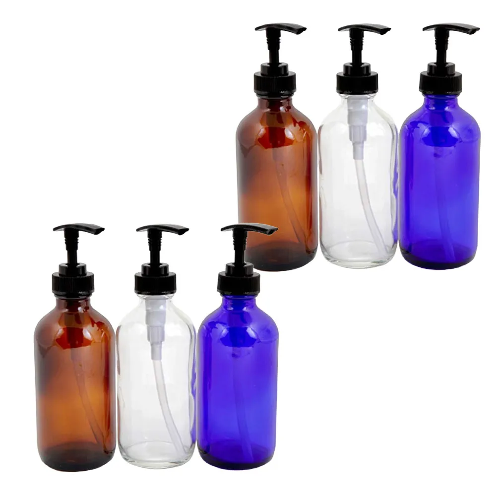 

6Pcs Glass Pump Dispensers 230Ml Reusable Transparent Blue Brown Essential Oil Lotion Shampoo Travel Subpackaging
