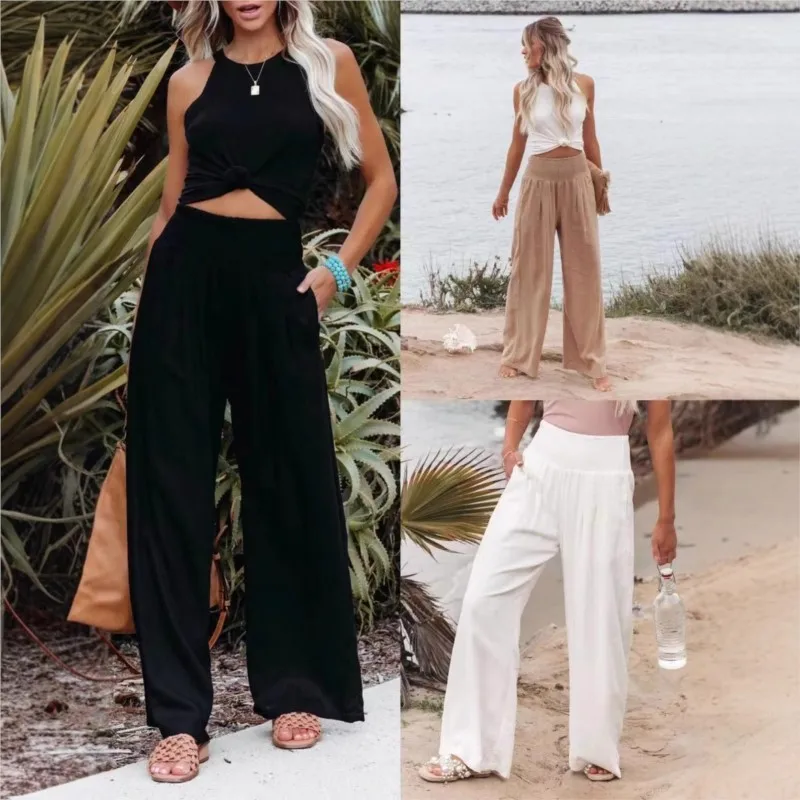 

Elegant Retro Solid Baggy Pants Women Loose Elastic High Waist Pocket Vintage Linen Wide Leg Pants Streetwear Office Trousers