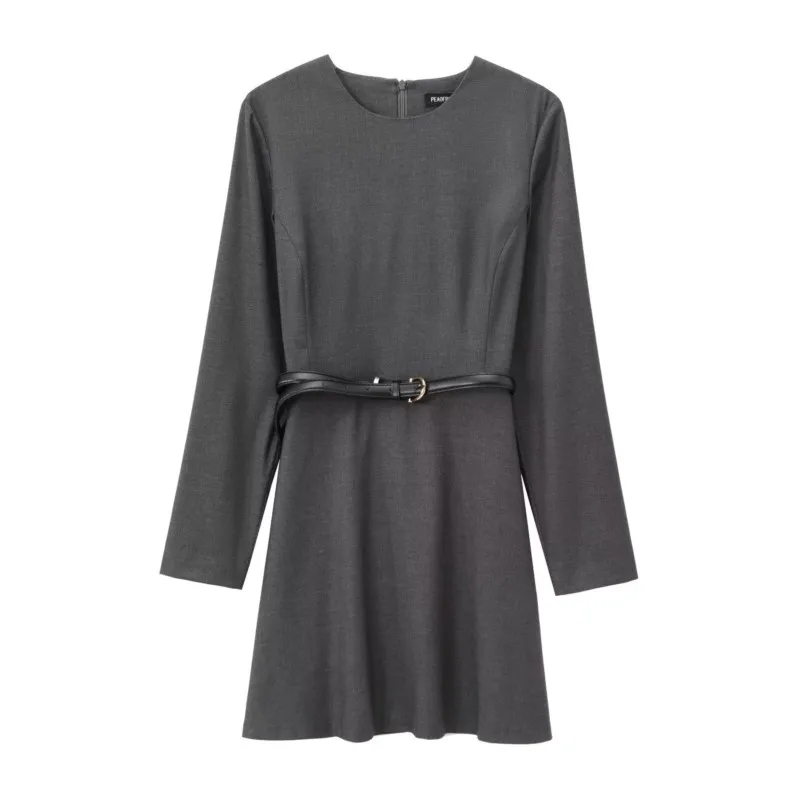 TRAF Short dress with belt Women Autumn Long Sleeve O Neck Midi Dress Side Zipper Dresses pleated Hem Female Pocket Midi Dress