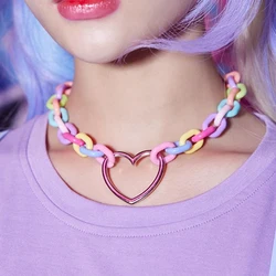 Kawaii Aesthetic Rainbow Chain Heart Pendant Necklace Korean Fashion Harajuku Necklace for Women Y2K Jewelry 2000s Accessories