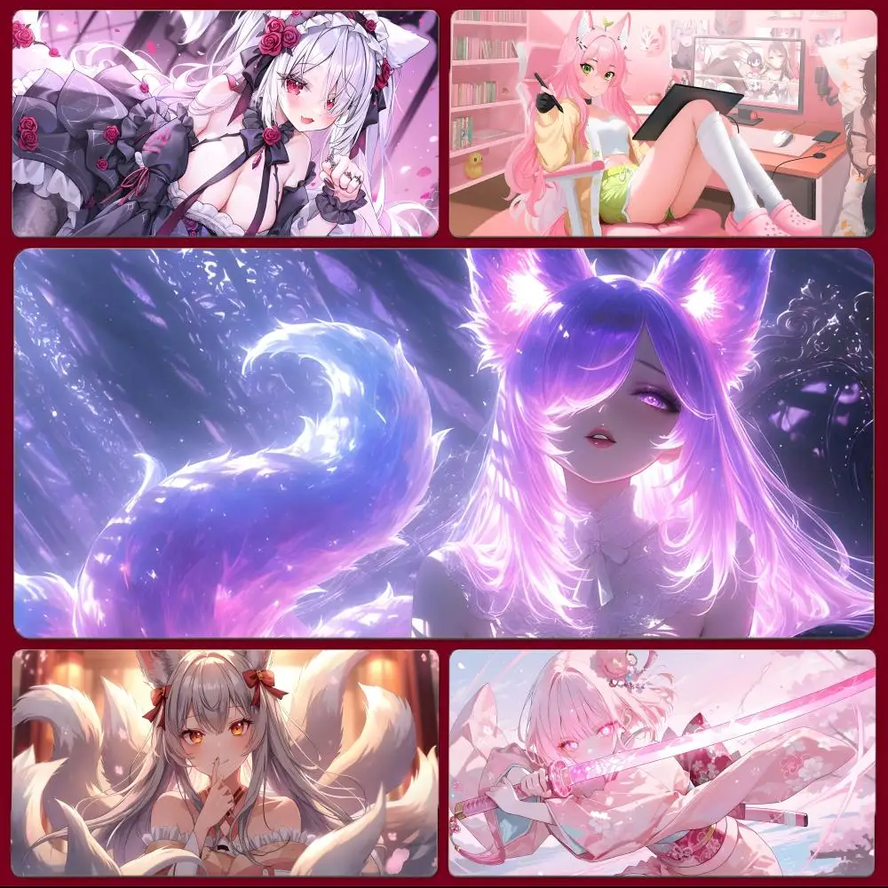 

character cute K-Kawaii kitsune Cute fox girl Mouse Pad Large Gaming Mousepad with Stitched Edges Thickened Desk Mat PC