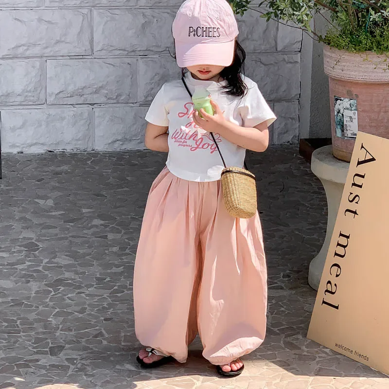 

Children Clothing Cool Pants 2023 Summer New Fashionable Korean Style Girls Solid Casual Simple Thin Wide Leg Cargo Pants