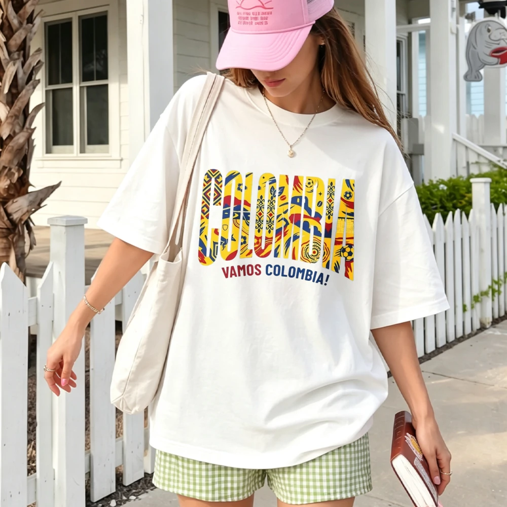 Colombian Flag Pattern Cotton T-Shirt Short Sleeve Crew Neck Cotton Front Back Print Vamos Colombia Text Soccer Theme Casua Tops