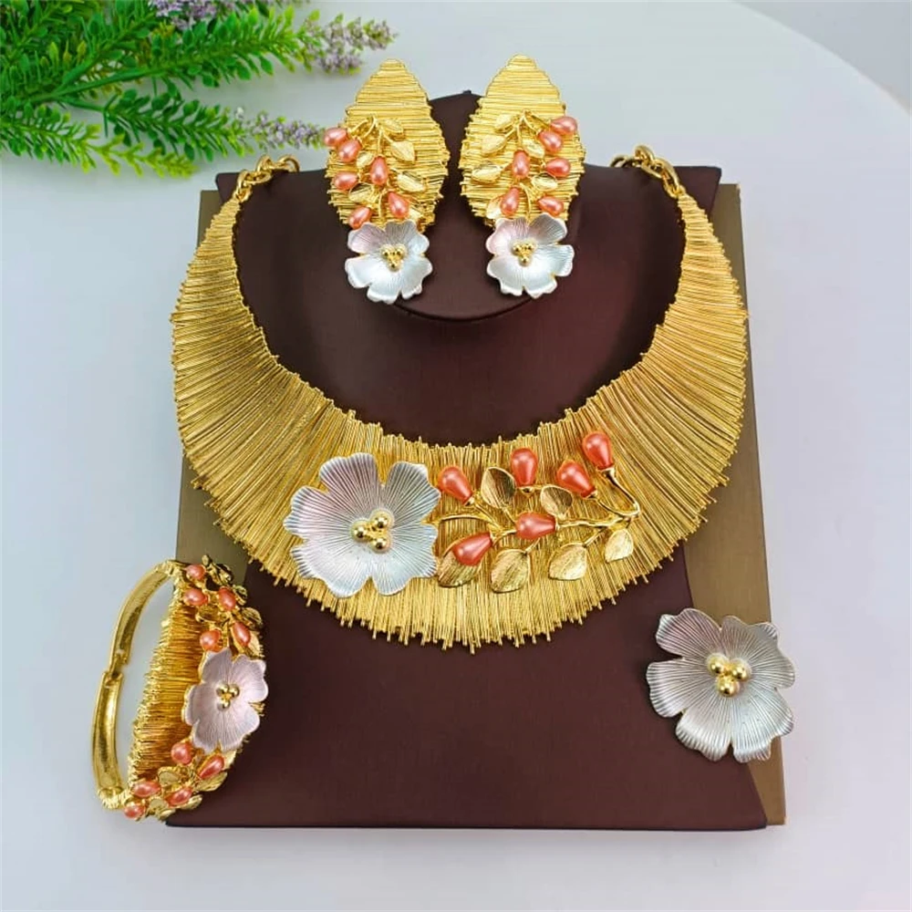 طقم مجوهرات زفاف مطلية بالذهب للنساء ، مجوهرات دبي الكبيرة ، قلادة ، أقراط ، سوار ، خاتم ، زهرة زفاف ، إيطالية ، حفلة #2