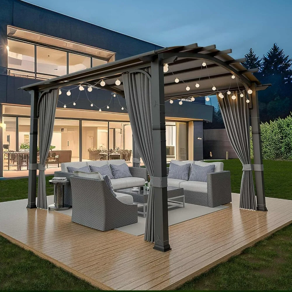 

10'x 10' Outdoor Pergola,Metal Frame Arched Pergola with Sun Shade Canopy and Curtains for Backyard,Deck,Porch and Patios,Gazebo