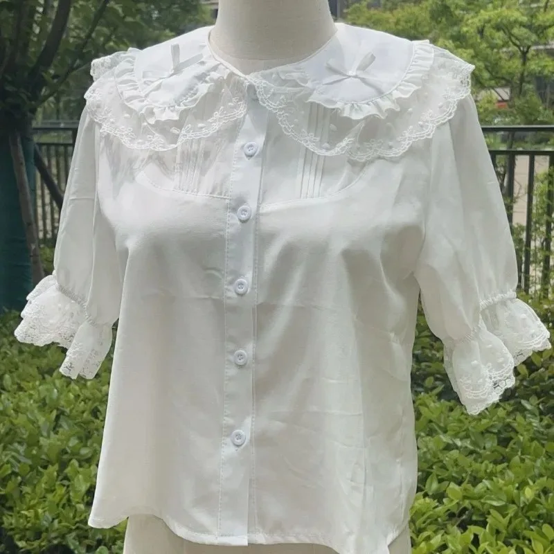 

Short Sleeve Sweet Blouse Women's Clothes Lolita Style Japanese Shirts Peter Pan Collar White Cute Blouses Tops Camisas De Mujer
