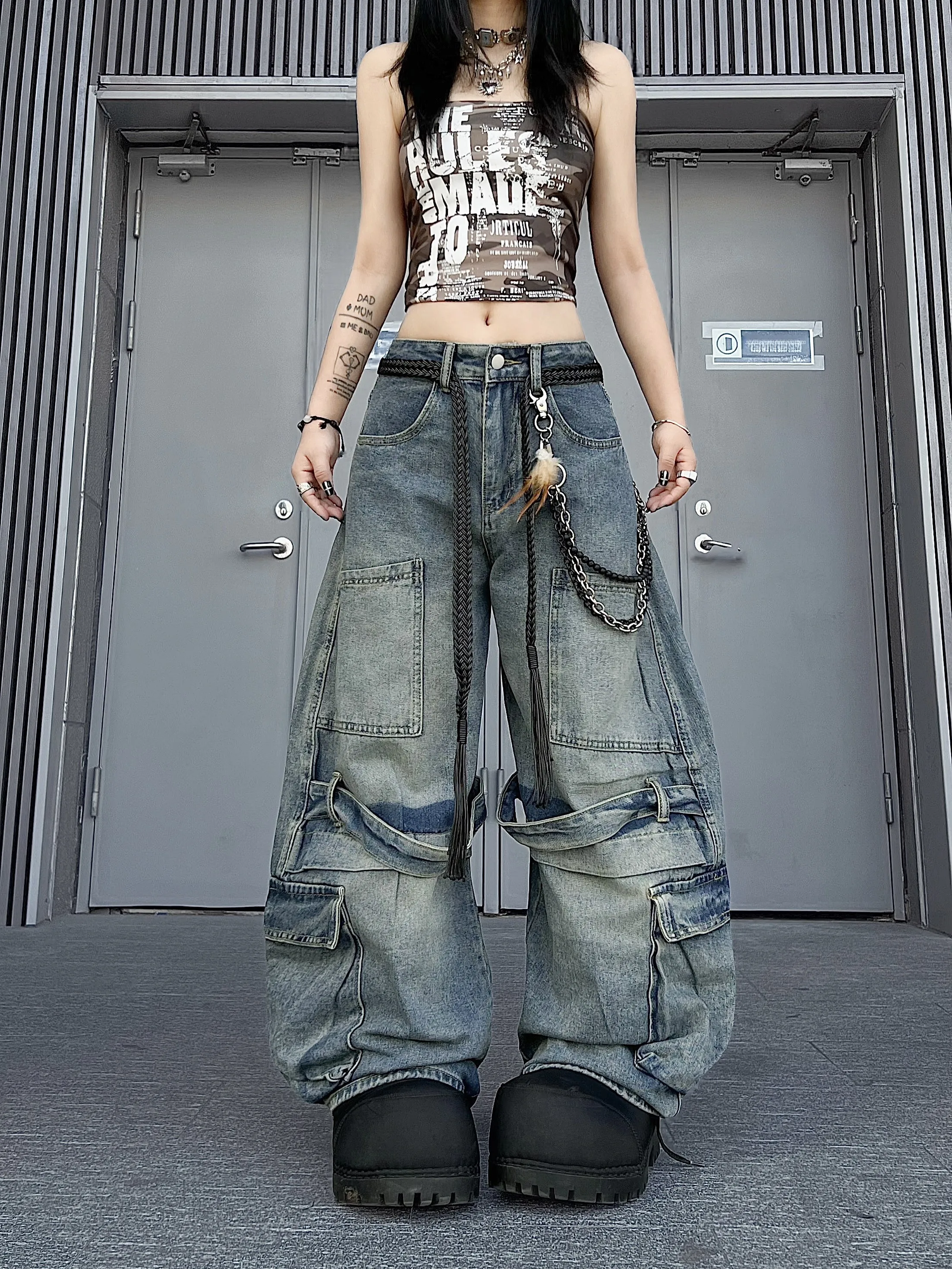 

Джинсы Waed Denim Workwear с широкими штанинами, множеством карманов, в американском уличном стиле, свободного кроя, повседневные