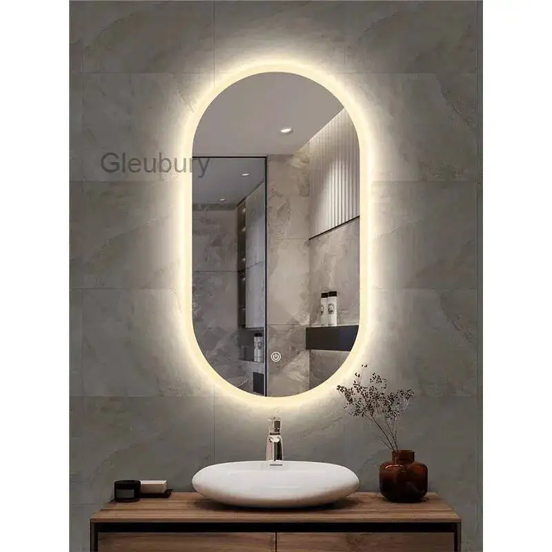 Home Decor Oval Smart Bathroom Touch Screen Toilet LED Luminous Mirror, With Lamp Makeup Mirror, Tri-color Dimming Mirrors