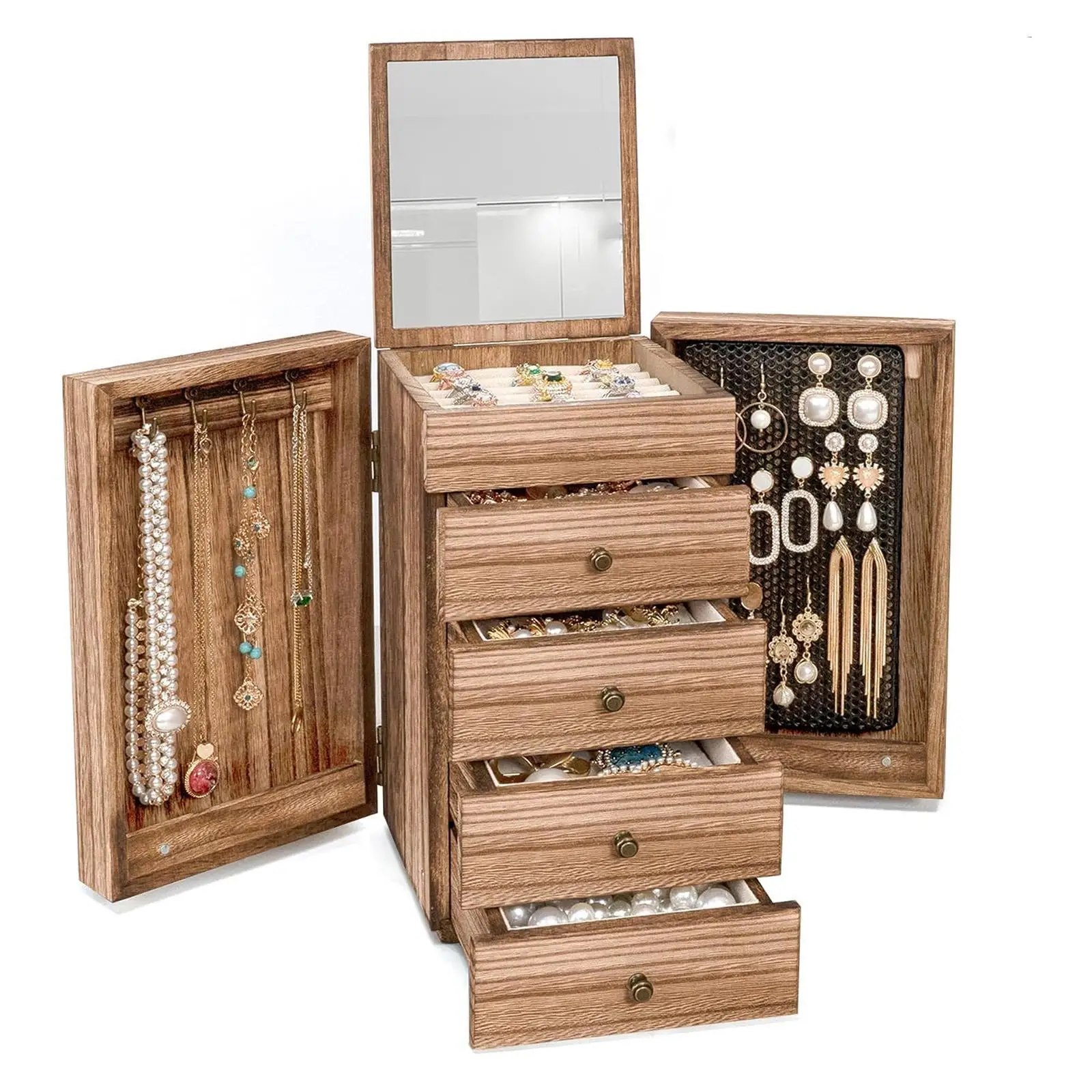 Caja de joyería con cajones, organizador de joyería de madera para anillos, pendientes, colgante, collar, bolsa de almacenamiento, soporte de adornos, escaparate