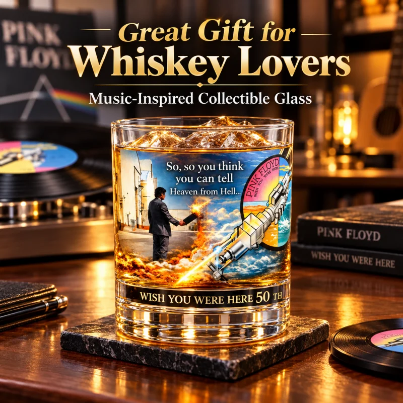 Pink Floyd Wish You Were Here Anniversary Whiskey Tumbler Glass Cup Creative Sticker Craft Collectible Bar Gift