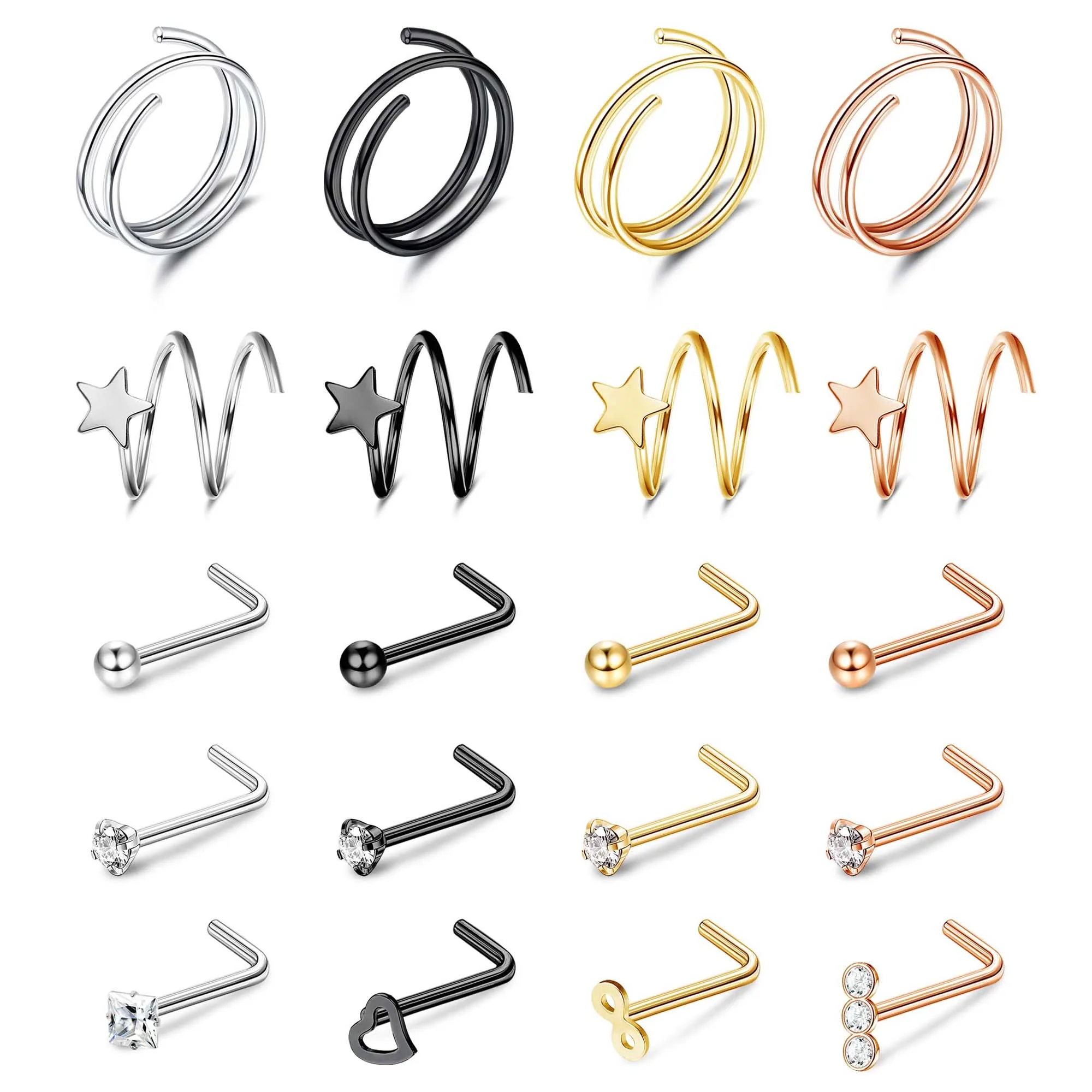 1-20Pcs 20G Double Hoop Nose Ring L Shaped Studs 316L Stainless Steel Piercing Jewelry Small Spiral Rings Silvery RoseGold Balck