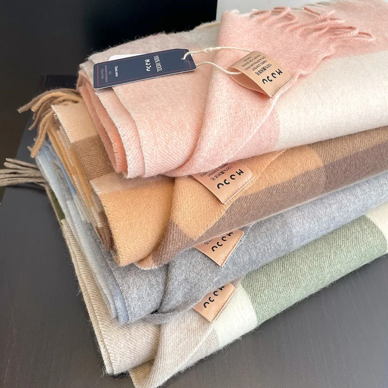 暖かいチェック柄ウールスカーフ女性の韓国スタイル冬のファッション多用途大型ショルダーラップタッセルディテール長方形形状