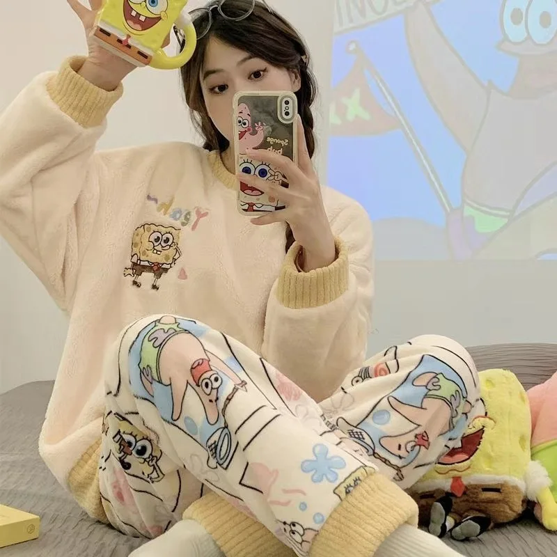 

SpongeBob Women's Coral Velvet Home Clothes Winter Thickened Warm Soft Plush Pajama Set Long Sleeve Loose Loungewear Girls Gift