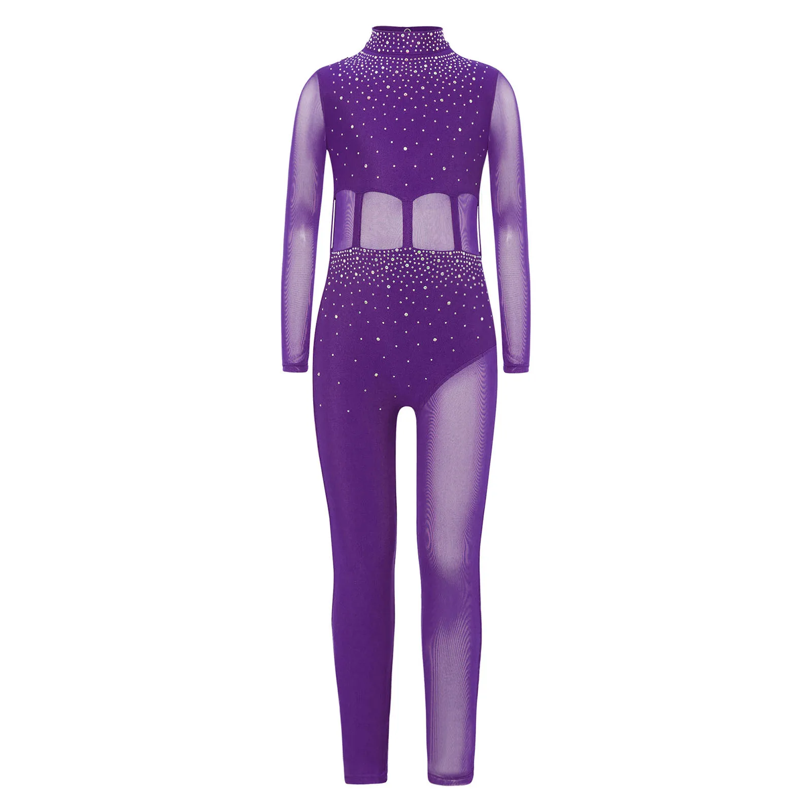 Professionele kunstschaats-catsuit voor meisjes met sleutelgat-achterontwerp, pure mesh en met strass versierde jumpsuit voor ijsshows