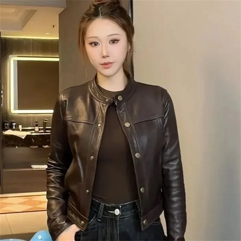 المرأة الكورية حجم كبير 4XL بولي Leather بلوزات جلدية 2025 أنثى موضة معطف جلد صناعي الخريف الشتاء سيدة الوقوف طوق سترة جلدية #3