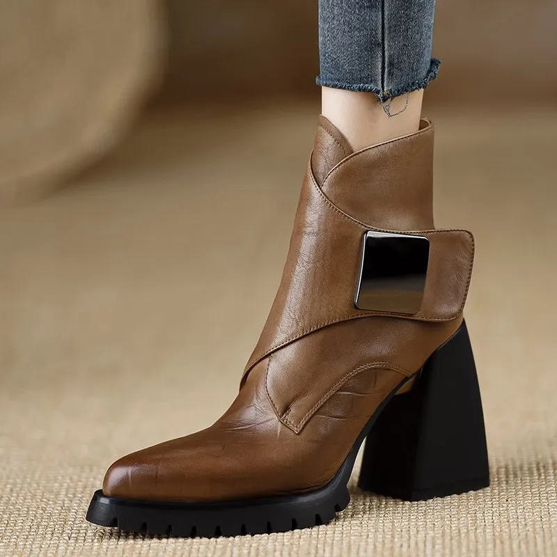 

AJGS Autumn/winter Women Boots Genuine Leather Western Boot Women Shoes Pointed Toe Chunky Heel Chelsea Retro Ankle Boots