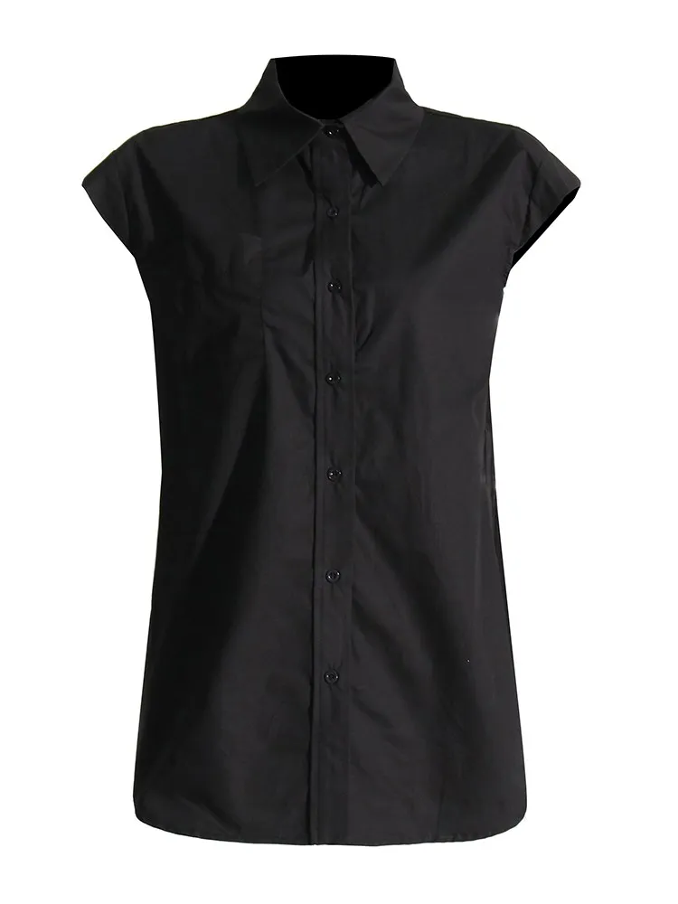 KBQ Casual Spliced Single Breasted Shirts For Women Lapel Sleeveless Patchwork Pocket Loose Solid Straight Blouses Female New