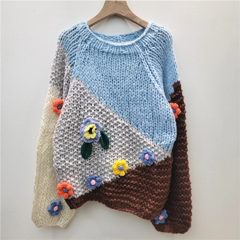 

SuperAen Autumn and Winter 2025 New Three-dimensional Flowers Coarse Yarn Sweater for Women Thickened Comfortable Knitted Tops