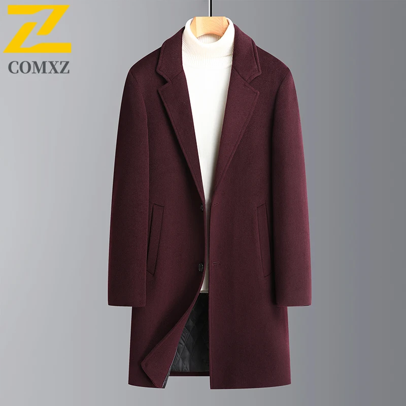

COMXZ Mens Wool Coat Winter High Quality Outdoors Office Thickened Wool Jacket Mid Length Business Casual Solid Color TrenchCoat