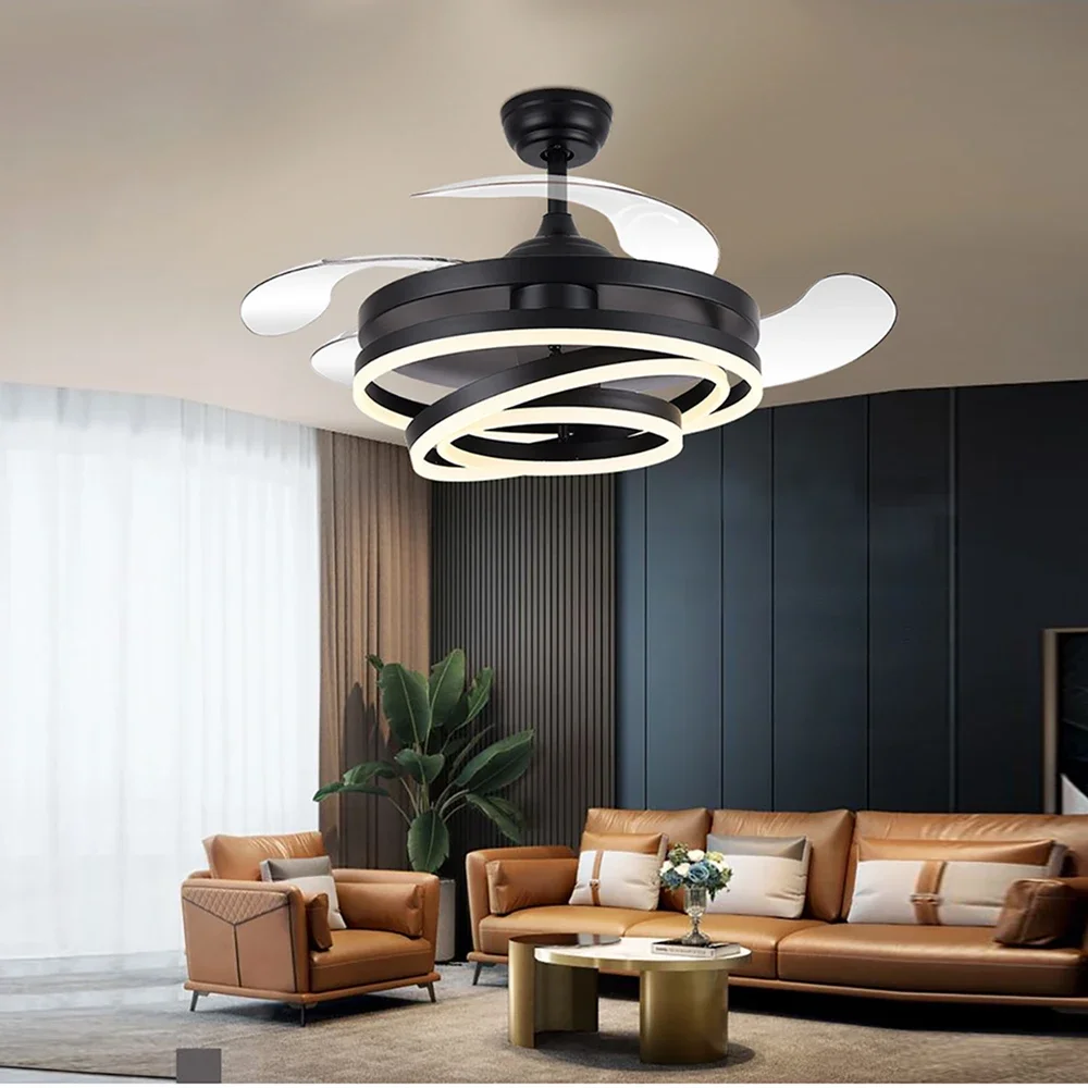 Modern Ceiling Fan with Remote Control LED Intelligent Fan Light For Bedroom Rrestaurant  Decor Retractable Blades Fan Lighting