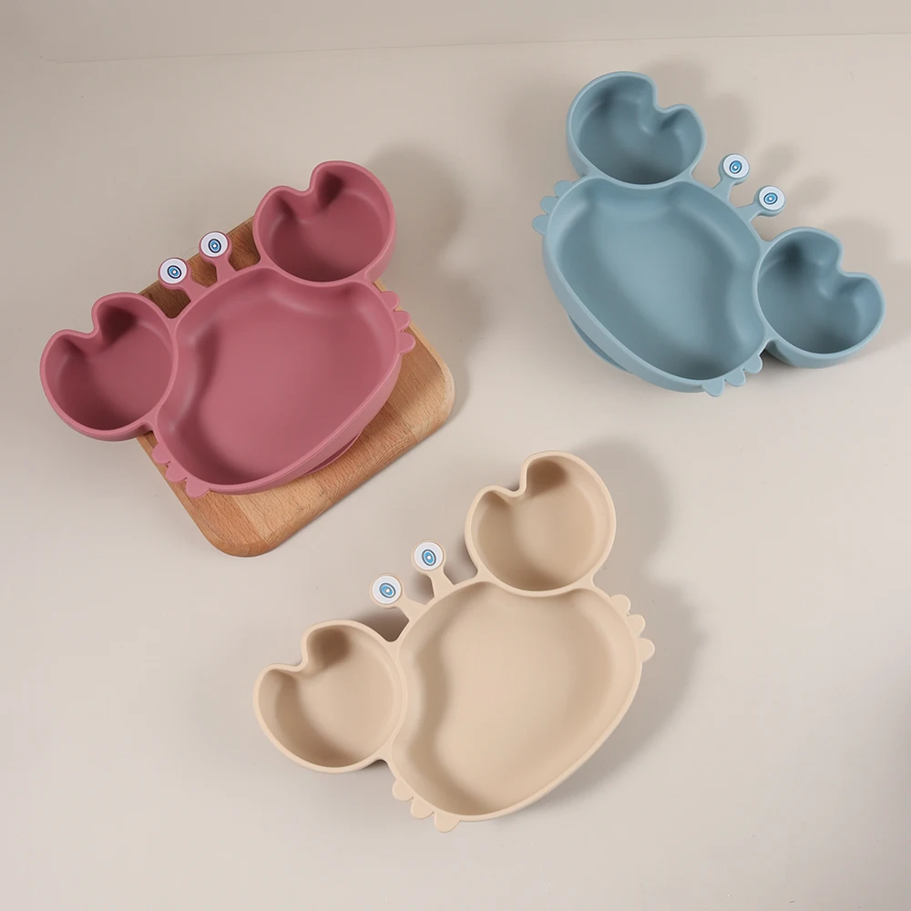 Cute Crab Shaped Silicone Baby Plate with Strong Suction - BPA Free Divided Feeding Bowl Set with Fork & Spoon for Toddlers