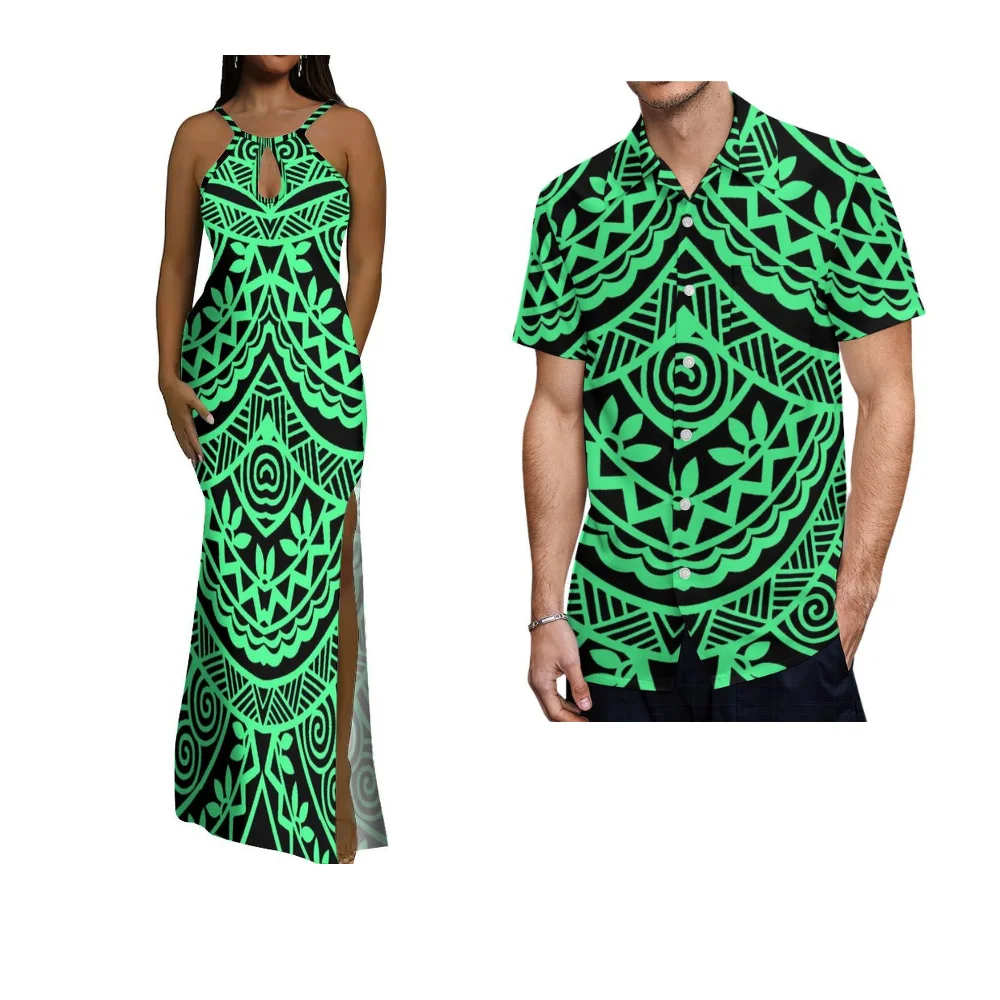 2025年サモア島カップル服サマーノースリーブスリムフィットレディースドレスメンズシャツポリネシアンオフショルダースリットドレス